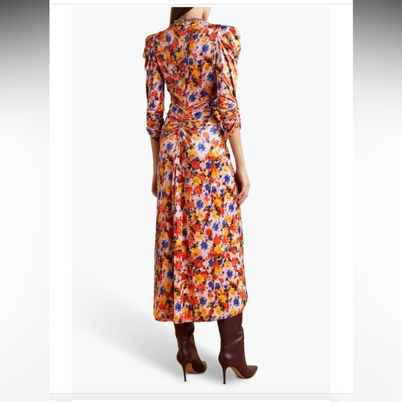 ISABEL MARANT Gilalbi ruched floral-print stretch-velvet midi dress orange US 10 - Picture 4 of 17